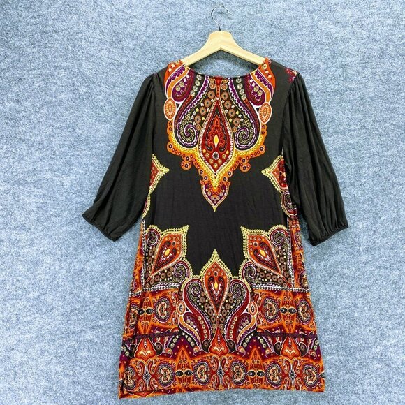 Cha Cha Vente Sheath Dress Women L Black Orange Paisley 3/4 Sleeve Crew Sleeve - Picture 4 of 10